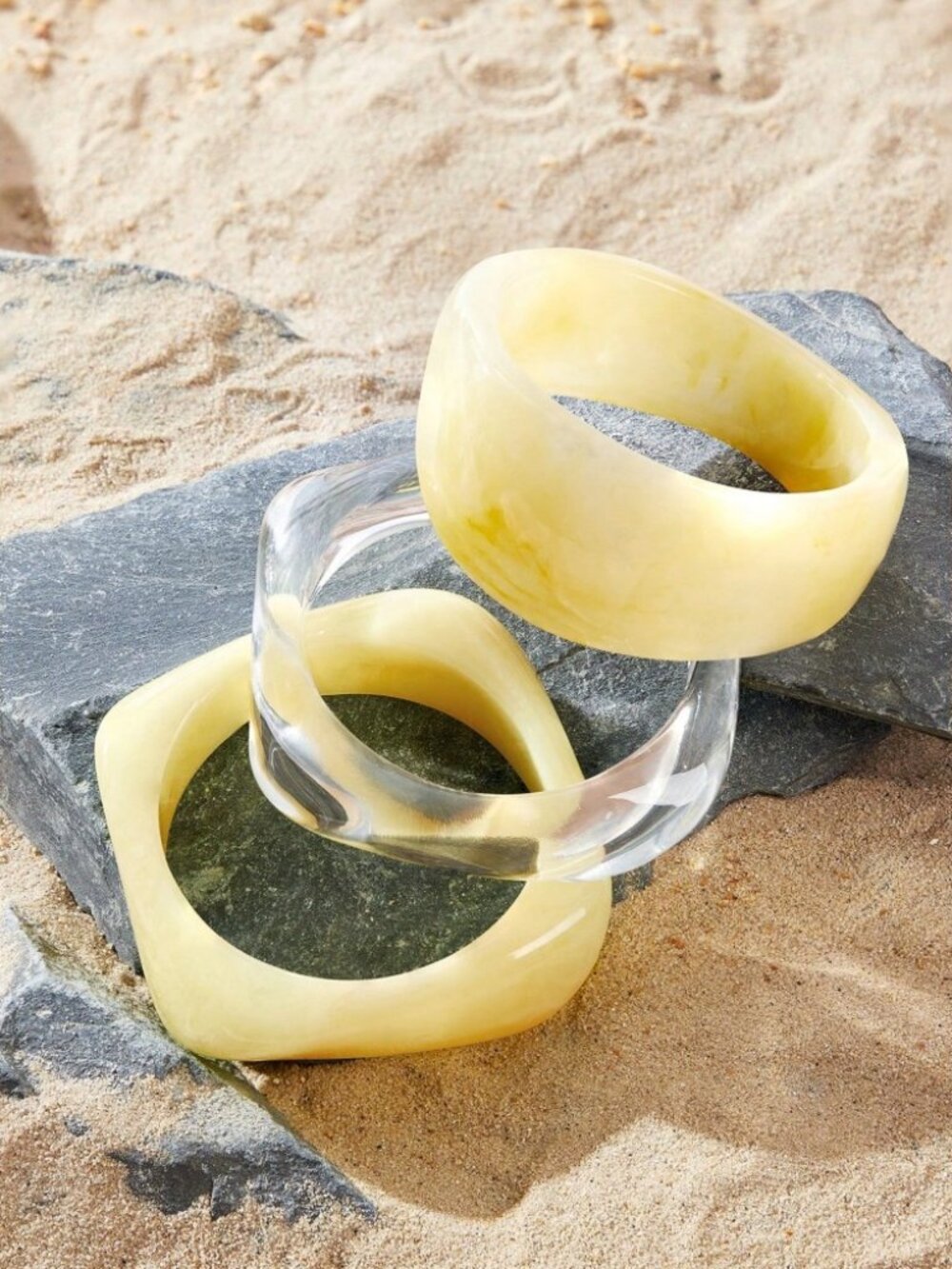 Cream Marbled Resin Bangle Trio Set with Clear Bangle